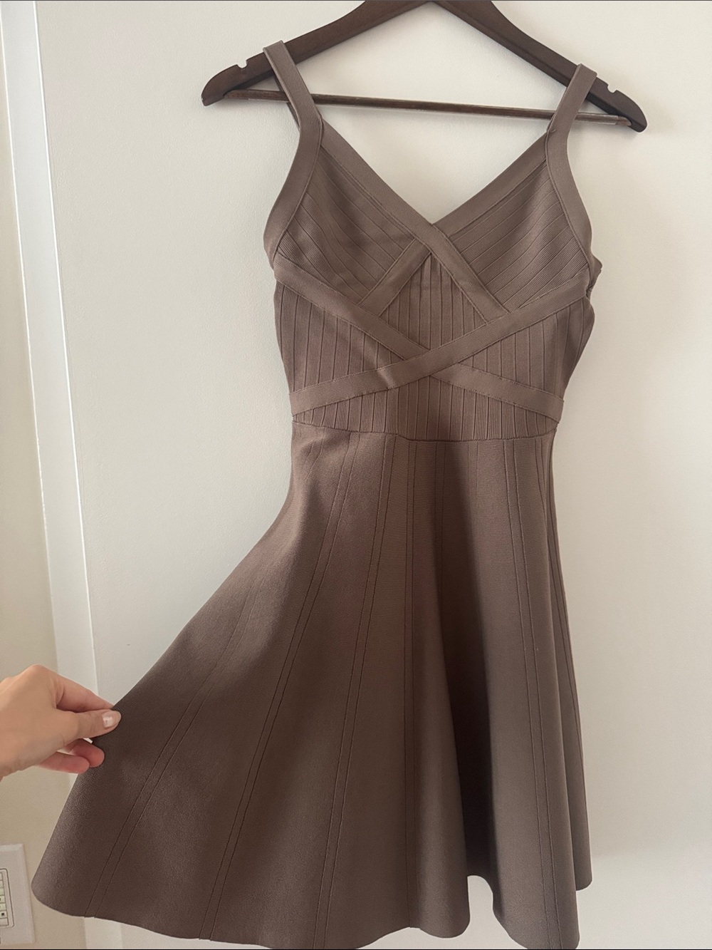 Guess Light Brown (Mocha)  V-Neck Fit & Flare Dress - Brand Unspecified